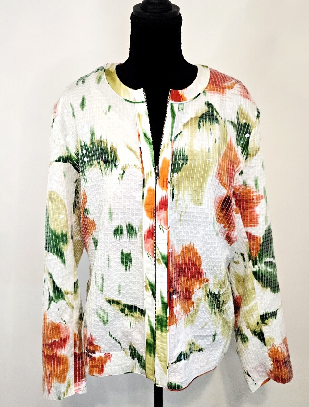 Chico’s Tropical Sequin Textured Zip Jacket Resort Coastal Cruise Cotton Glam - Picture 2 of 9